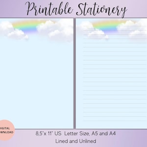 May include: Light blue printable stationery with a rainbow and cloud design. The stationery is available in lined and unlined versions, with sizes including 8.5" x 11" US Letter, A5, and A4. The words "Printable Stationery" are at the top.