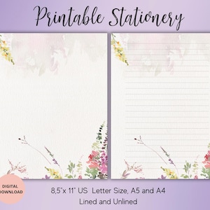 Wildflower Stationary Watercolor Printable Stationary, Penpal Stationary, Floral Writing Paper Set Lined Unlined A5/A4/US LETTER Memo sheet