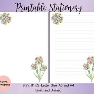 Papelería imprimible con corazones y flores: papel de escritura imprimible con acuarela, rayado o sin rayar, tamaño A4, A5 o carta de EE. UU., papelería con flores de arcoíris, carta de amor