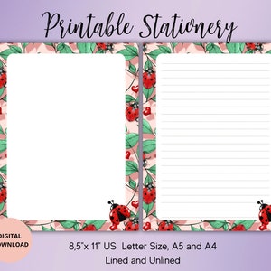 Może przedstawiać: Zestaw papieru do korespondencji do wydrukowania z wzorem biedronki i liści. Zawiera strony w linie i bez linii w formacie amerykańskim Letter 8,5 x 11 cali, A5 i A4.