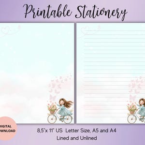 Ensemble de papier à lettres imprimable Fille à vélo - fleurs, lettres non doublées A5/A4/US, jolie papeterie pour lettres et notes