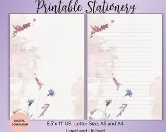 Watercolor Printable stationary-Floral Printable Writing Paper set Lined Unlined NotepadA5/A4/US LETTER -Pen pal supplies Goodnotes template