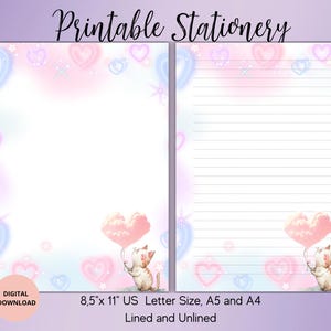 Cat with balloon Printable Stationery-Watercolor Writing Paper Unlined Lined A5/A4/US Letter-Cute Stationery for Letters Notes-Love Notepad