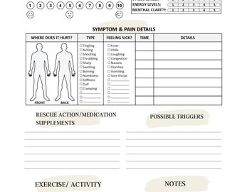 Chronische ziekte, symptoomtracker, hoofdpijndagboek, wellnessdagboek invoegen, medische informatiebinder, chronische ziekte Bullet Journal afdrukbaar