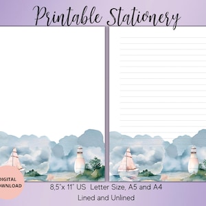 Papelaria para impressão Seascape - Papel de carta sem pauta pautado A5/A4/EUA - Pacote de papel para notas náutico - Papel para notas marinho - Papelaria com tema marinho