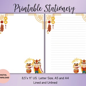 Papelería imprimible de Año Nuevo Chino-Papel de notas lindo-Juego de papel de escritura de dragón Sin forro forrado A4/A5/USletter Pen pal suministros-Escritura creativa