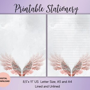 Cancelleria stampabile con ali d'angelo - Set di carta da lettere con ali ad acquerello, a righe, non a righe, formato A4/A5/US Letter - Forniture per amici di penna - Cancelleria alata