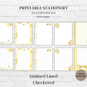 Ape con fiori carta da lettere stampabile-Carta da lettere Bee Honey senza righe A4/A5/US Letter-Carta da lettere per appunti-Blocco note Bee Honey