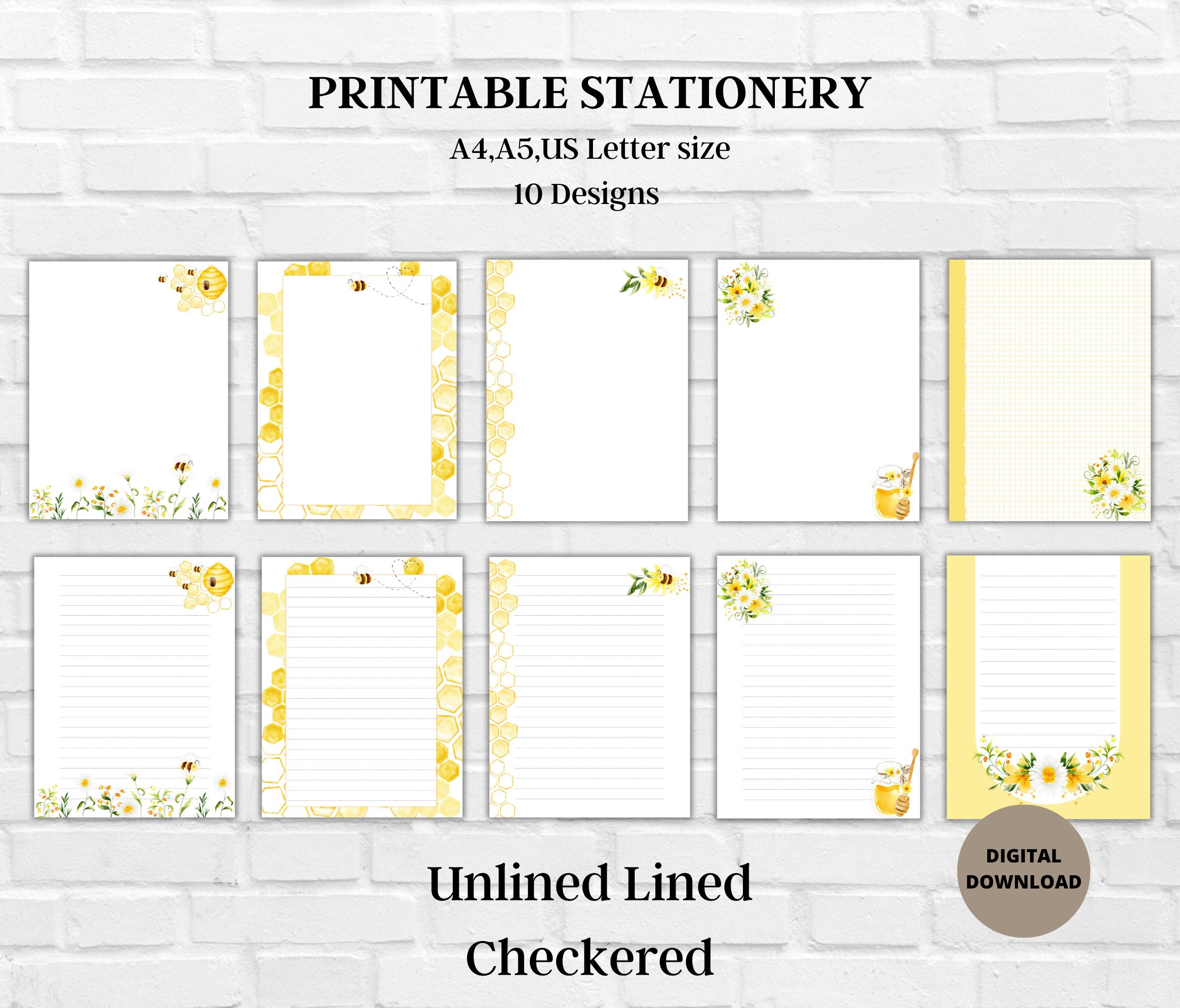 Bee With Flower Printable Stationery-Bee Honey Writing Paper Unlined Lined A4/A5/US Letter-Stationery for Letters Notes-Bee Honey Notepad