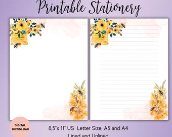 Bee and Flower Printable Stationery,Digital Download,Printable Writing Paper Set,Lined,Unlined A4,A5 and 8.5x11 US Letter,Instant Download