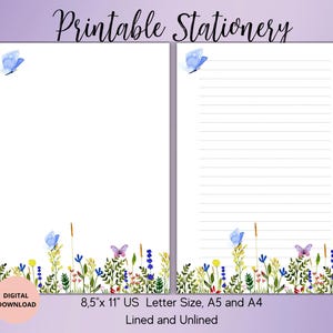 Wildflower Writing Set ,Flower Printable Stationery,Floral Writing Paper Letter A4,A5,US Letter,Instant Download,Lined Unlined