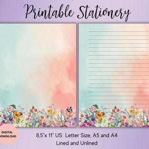 Aquarell Wildblumen stationär, Blumen druckbares Briefpapier, Blumen Schreibpapier Set liniert, unliniert A4, A5, US Letter, Aquarell Brief