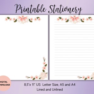 Papelería imprimible con flores-Juego de papel de escritura floral A4/A5/US Carta forrada sin forro-Bloc de notas de acuarela-Suministros para amigos por correspondencia