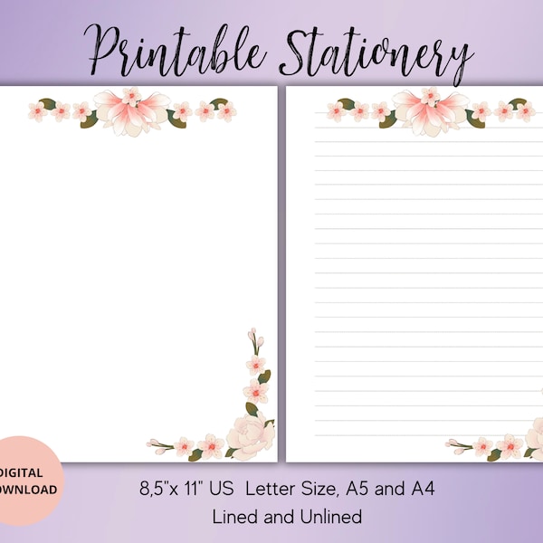 Flower Printable Stationery-Floral Writing paper Set A4/A5/US Letter Lined Unlined-Watercolor Notepad-Penpal Supplies