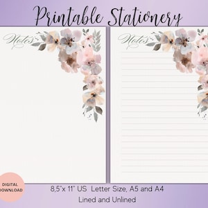 Papier à lettres imprimable fleurs aquarelle - papier à lettres floral sans ligné A5/A4/USLetter - jolie papeterie pour lettres - bloc-notes fleurs
