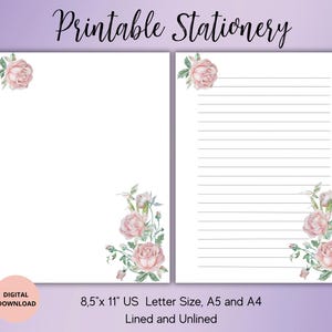 Vintage Rose  Printable Stationery,Digital Download,Printable Writing Paper Lined, Unlined A4 A5 and  8.5x11 US Letter size