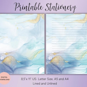 Papelaria para impressão em aquarela azul - Conjunto de papel de carta em aquarela pautado sem pauta A5/A4/US Letter - Papel de carta em aquarela