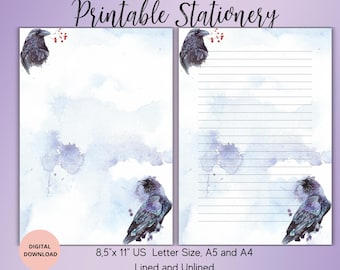 Dark Blue Raven Writing Set,Crow Printable Stationery, Writing Paper Letter Writing Paper A4,A5,US Letter Instant Download,Unlined Lined