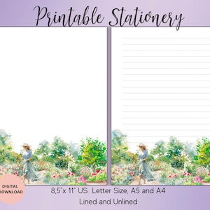 Menina no jardim Papelaria para impressão - Papel de carta de primavera sem linhas A5/A4/EUA - Papelaria para cartas Notas - Bloco de notas de paisagem de verão