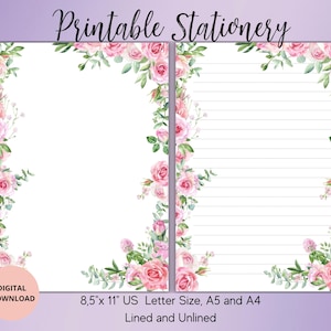 Papeterie imprimable roses - Correspondant fleurs - Ensemble de papier à lettres aquarelle roses, ligné non doublé A4/A5/US Letter Téléchargement immédiat