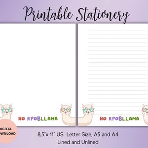 Llama Papelería imprimible-Alpaca Papel de escritura de cartas impresasA4/A5/USLetter-Penpal suministros Papelería hecha a mano para correspondencia personal