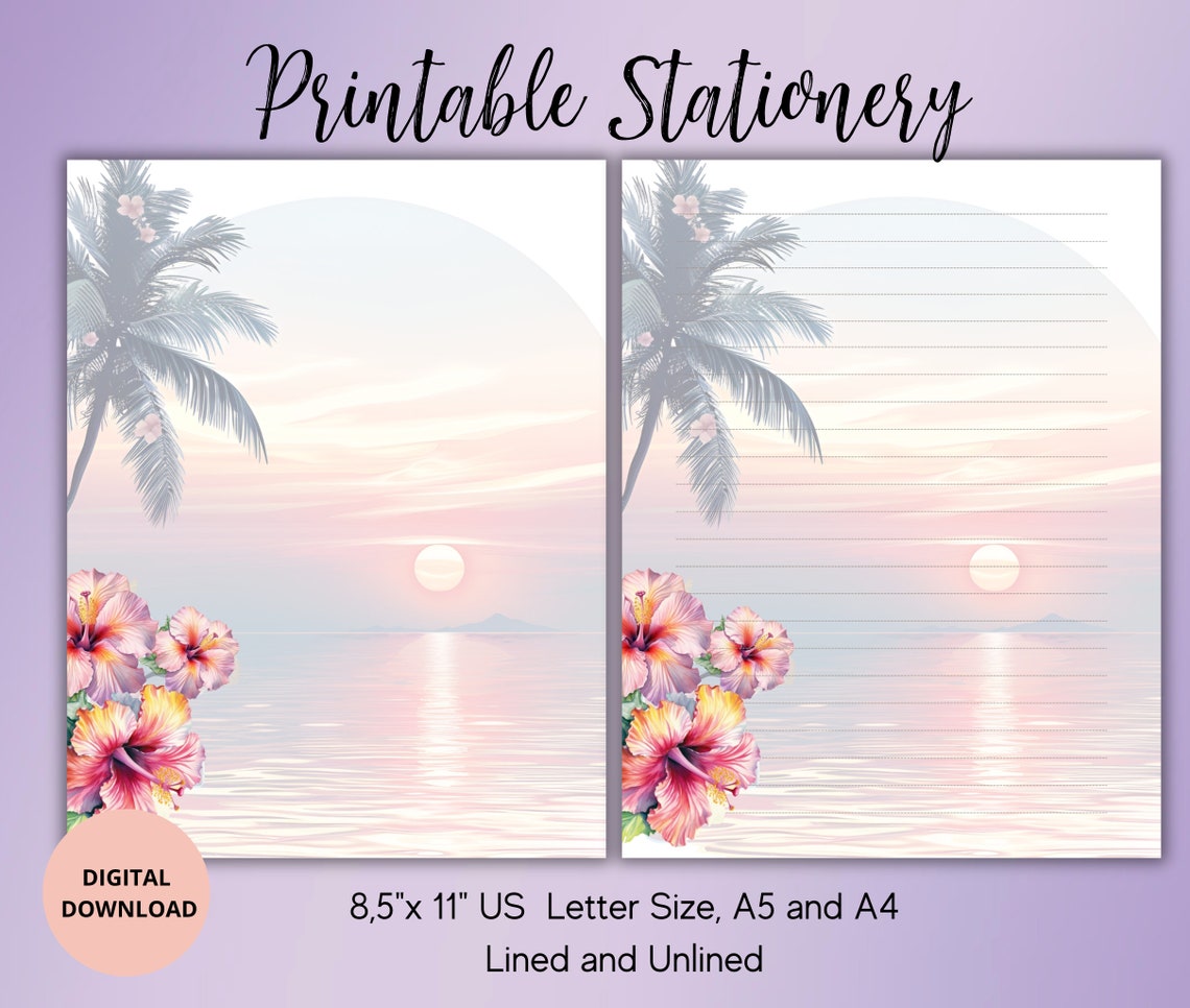 Hawaiian Flower Writing Paper Set - Printable Stationery Set Unlined ...