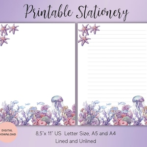 Papelaria para impressão Sea Marine - Conjunto de escrita aquarela Ocean A4/A5/EUA Carta pautada sem pauta Download instantâneo - Papelaria Undersea World