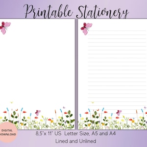 Fleur avec papillon Papeterie imprimable - Papeterie fleurs sauvages - Papier à lettres floral Lettre A4/A5/US Letter Téléchargement immédiat Ligné Sans doublure
