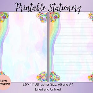 Papelería imprimible con corazones de arcoíris en acuarela: papel de carta imprimible con corazones, rayado o sin raya, tamaño A4, A5 o carta de EE. UU., papelería con arcoíris, carta de amor