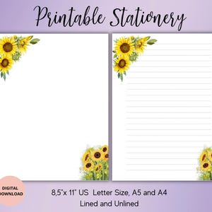 Papelaria de girassol para impressão, papelaria de flores, download digital, conjunto de papel de carta para impressão pautado, sem pautado A4, A5 e 8,5 x 11 US Letter