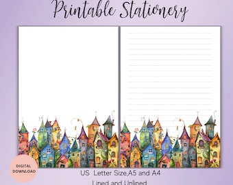 Colorful Houses Printable Stationery-Houses  Writing Paper Lined Unlined A5/A4/US Letter-Colorful Notepaper for Notes & Letters