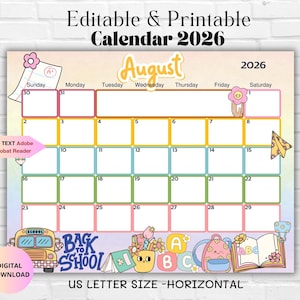 Editable August 2026 Calendar-Back to School 2026 Monthly Planner Family Work School Office & Home Organizer-Printable Monthly Calendar