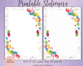 Colorful Balloons Printable Stationary-Birthday Writing Paper Unlined Lined A5/A4/US Letter-Stationery for Letters Notes-Instant Download