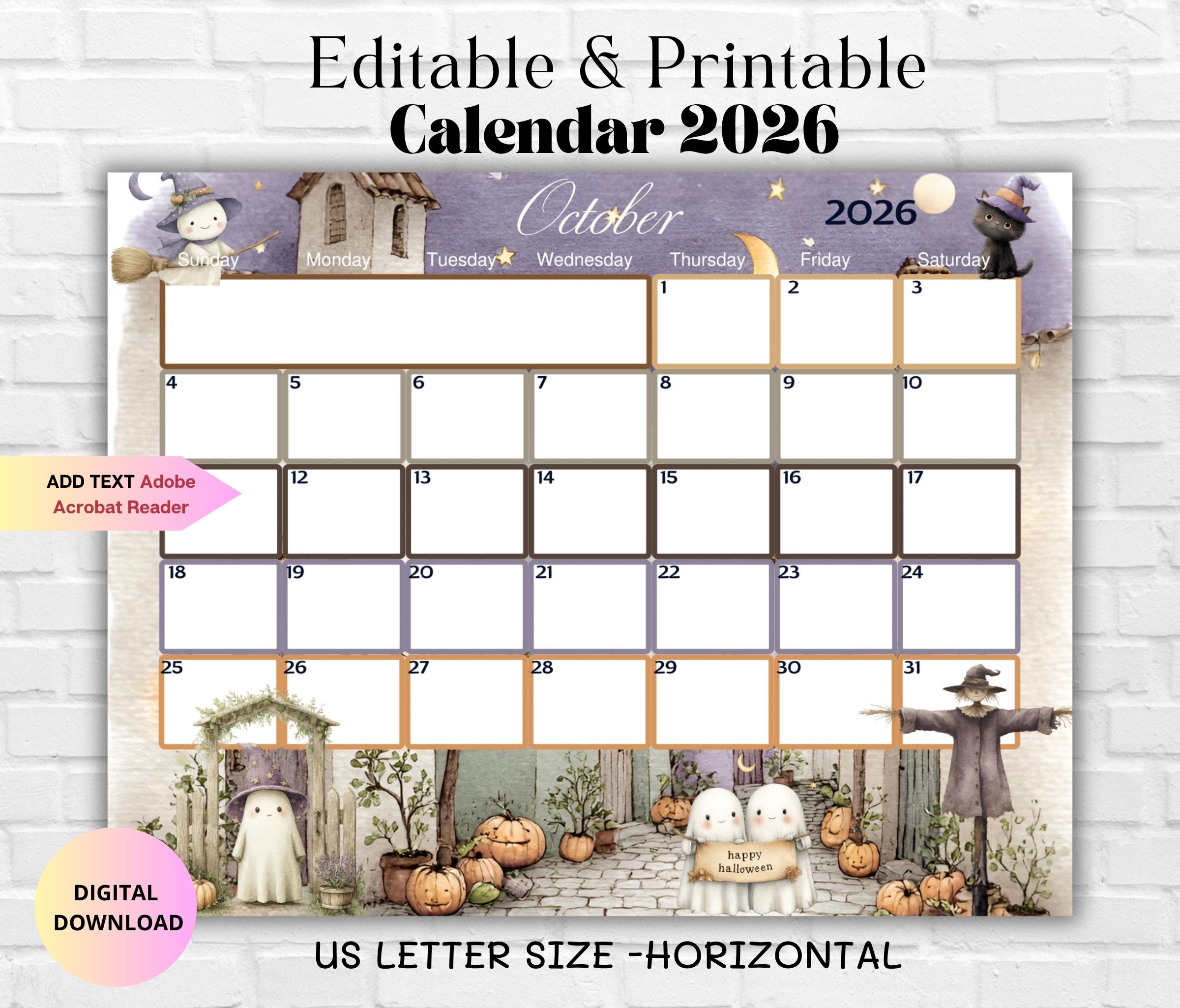 EDITABLE Halloween 2026 Calendar-october 2026 Fillable Monthly Planner