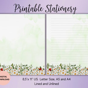 Peut inclure: Papeterie imprimable avec un fond aquarelle vert et une bordure de marguerites blanches et de coccinelles rouges. La papeterie est disponible en format lettre US 8,5 x 11 pouces, A5 et A4, et comprend des options lignées et non lignées.