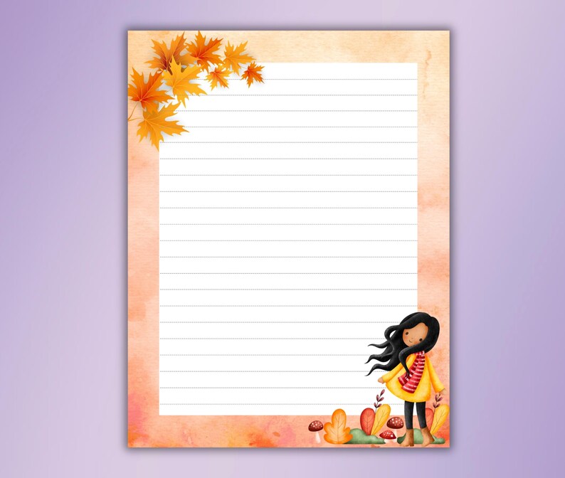 Autumn Fall Printable Stationery-autumn Girl Writing Paper Set Lined ...