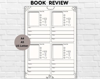 Könnte beinhalten: Ein weißes, bedruckbares Buchrezensionsblatt mit dem Text "BOOK REVIEW" oben. Das Blatt hat vier Abschnitte für Buchdetails, einschließlich Titel, Autor und Datum. Ein grauer Kreis zeigt die Papierformate A4, A5 und US Letter an.