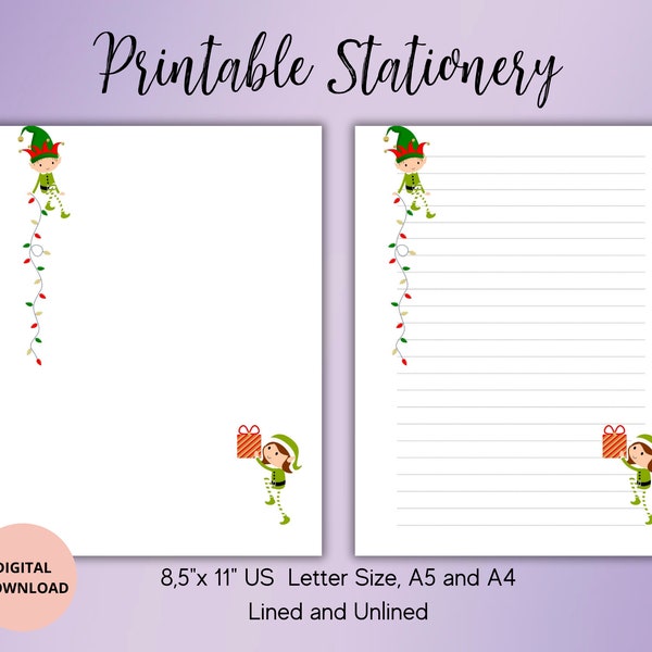 Christmas Gnome Printable Stationery,Digital Download,Christmas Stationary,Letter Writing  A5,A4,US LETTER,Lined Unlined Notepad,Memo sheet