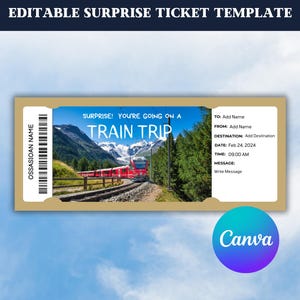 Treinreis bewerkbare ticketsjabloon-afdrukbaar treinkaartje-reiscadeaubon-gepersonaliseerde geschenken treinkaartje-treinkaartje verrassing