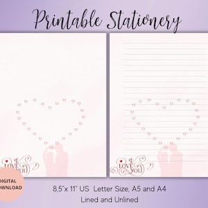 Amantes Papelería imprimible-Corazón estacionario-Valentine Heart Escritura Papel A4/A5/US Carta Sin forro Forrado-Amor Estacionario-Carta de amor