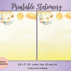 Moon and Sun Printable Stationery-Astrology stationery-Watercolor Summer Writing Paper Set A4/A5/USletter Unlined Lined-Celestial Stationery
