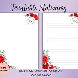 花を持つ女の子の印刷可能な文房具 - バラの花の文房具 - 花柄の手紙書きセット A5/A4/US レター 罫線付き 罫線なし メモ帳 - メモシート