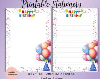 Happy Birthday Printable Stationery-Birthday Writing Paper Unlined Lined A5/A4/US Letter-Cute Stationery for Letters Notes-Instant Download
