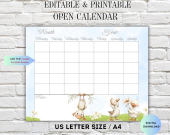Cute Calendar-Animal  Editable Printable Calendar-Calendar Template-Blank Month Calendar-Open Calendar-Instant Download-Monday start