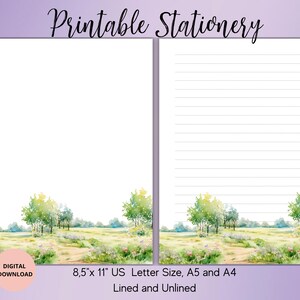Papelería imprimible con paisaje primaveral de acuarela: papel para escribir sin rayas, con rayas, tamaño A5/A4/US Letter, papelería para cartas, notas, bloc de notas con escenas primaverales