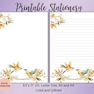 Vogel stationär, Blumen Briefpapier, Aquarell Blume Brief schreiben, digitaler Brief, druckbares Schreibpapier Set, liniert, unliniert A4, A5, US Letter