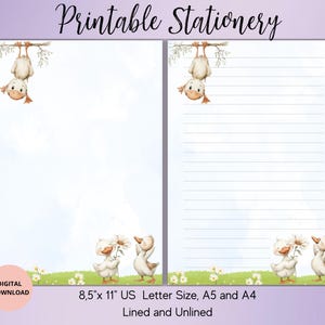May include: Printable stationery featuring illustrations of cartoon ducks. One duck hangs upside down from a branch, while others stand on grass holding daisies. The stationery is available in 8.5" x 11" US Letter size, A5, and A4, with lined and unlined options.