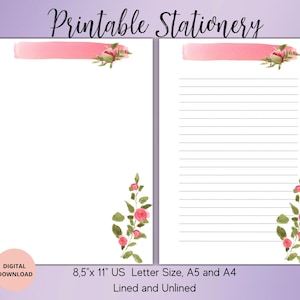 Juego de escritura con rosas, papelería imprimible con flores, papel para escribir con flores, papel para escribir cartas A4, A5, carta de EE. UU., descarga instantánea, sin líneas