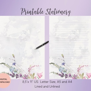 Watercolor Flower Printable Stationery,Wildflower stationary Floral Writing Paper,  Letter Writing Paper A4,A5,US Letter Instant Download
