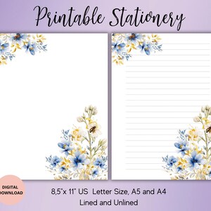 Papelería imprimible con flores, papelería floral con acuarela, descarga digital, juego de papel para escribir imprimible con rayas, sin rayas, tamaño A4, A5 y 8,5 x 11, carta de EE. UU.